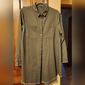 XL NWT Freyed Hem Olive Denim Button Front Shirt Dress Tunic Womens Size X-LARGE